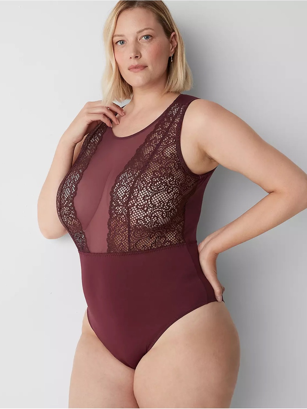 NWT Cacique Lane Bryant Mesh & Lace Bodysuit Lingerie Burgundy Maroon 26 28